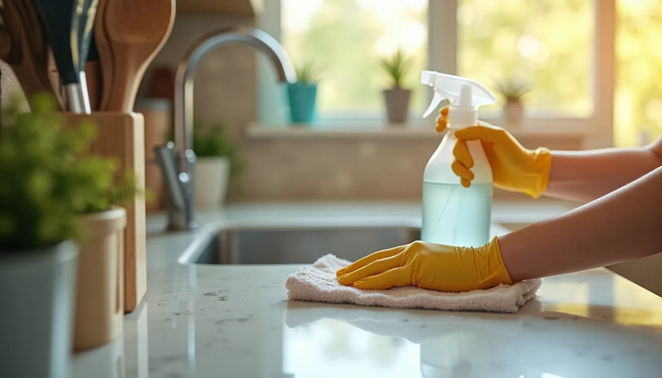 Hands with gloves disinfect kitchen countertop
