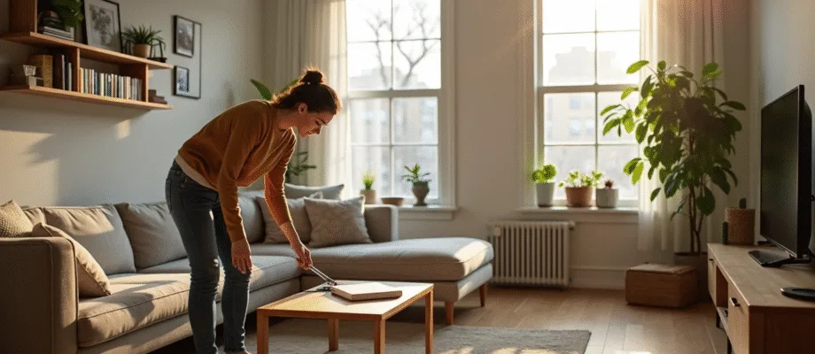 Tenant cleaning sunlit Montreal apartment living room