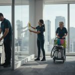 Cleaning team working in busy office with supplies