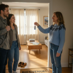 L’hôte Airbnb accueille chaleureusement ses voyageurs dans l’entrée et leur remet les clés.