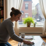 Une femme fait le ménage dans le salon de son appartement à Montréal.