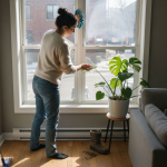 Une Montréalaise en train de laver les vitres de son appartement.