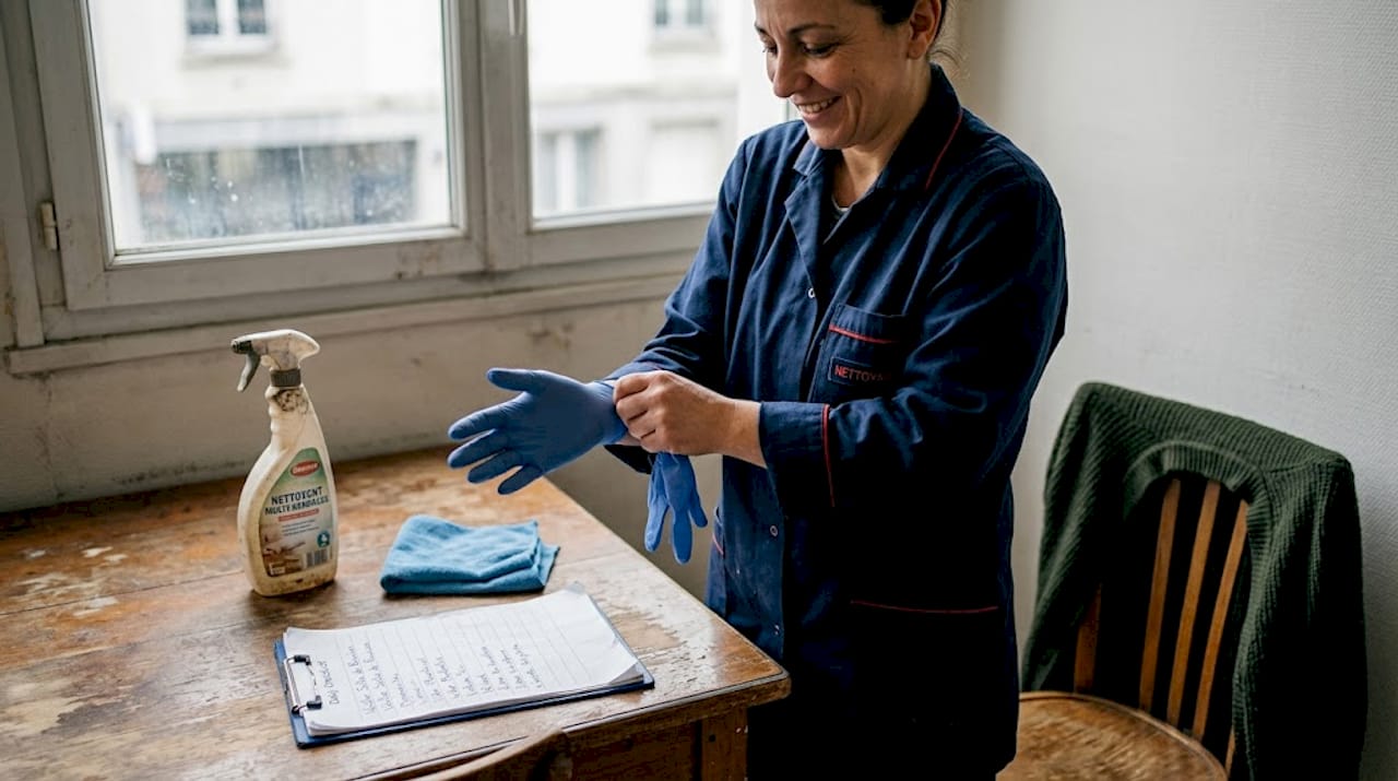 Une agente met ses gants dans la salle de repos à Montréal.