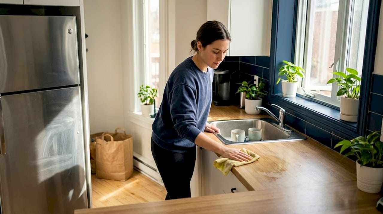 Nettoyage du plan de travail dans la cuisine d’un Airbnb à Montréal