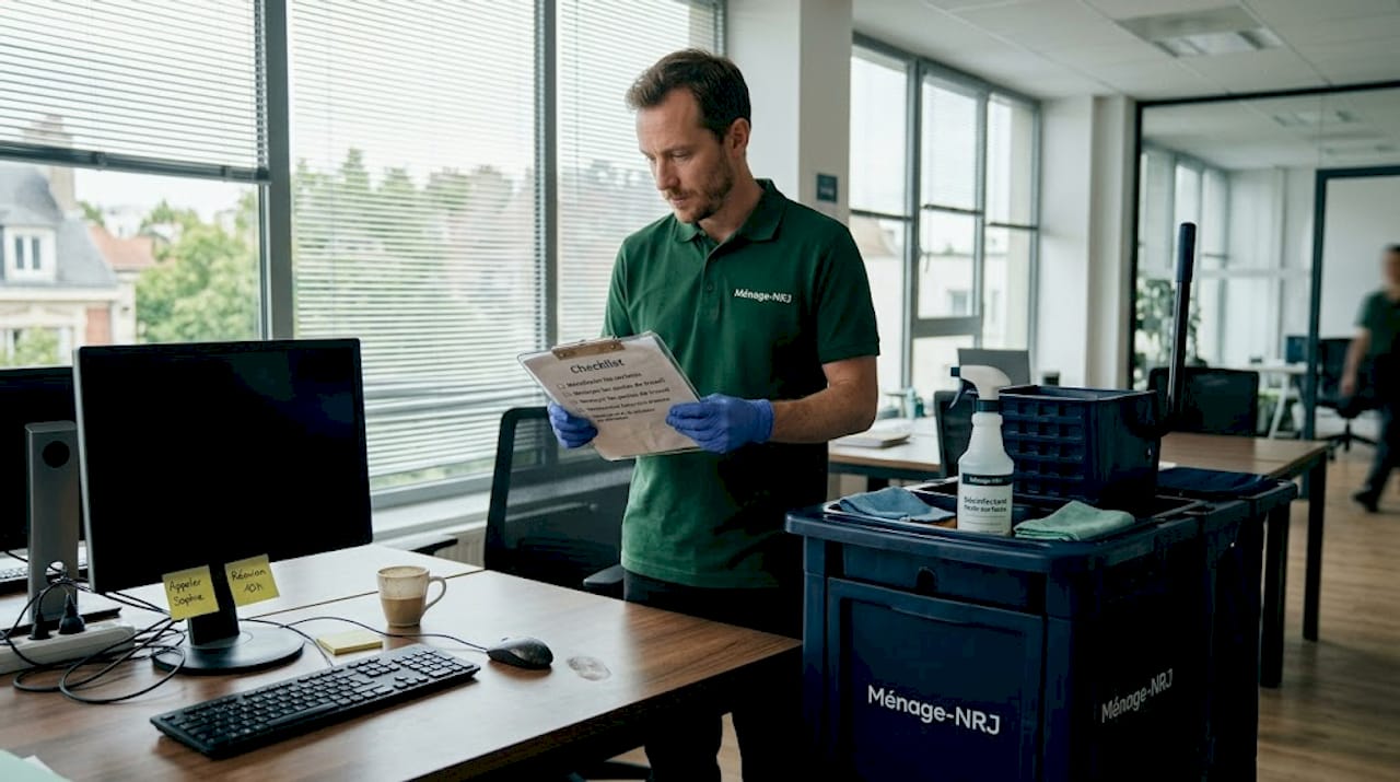 Avant de commencer le nettoyage du bureau, l’agent s’assure que tous les points de la liste de contrôle ont bien été vérifiés.