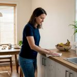Une femme s’affaire à nettoyer son plan de travail dans une cuisine montréalaise.