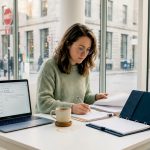 Dans son bureau à Montréal, une entrepreneure s’affaire à trier et organiser ses documents.